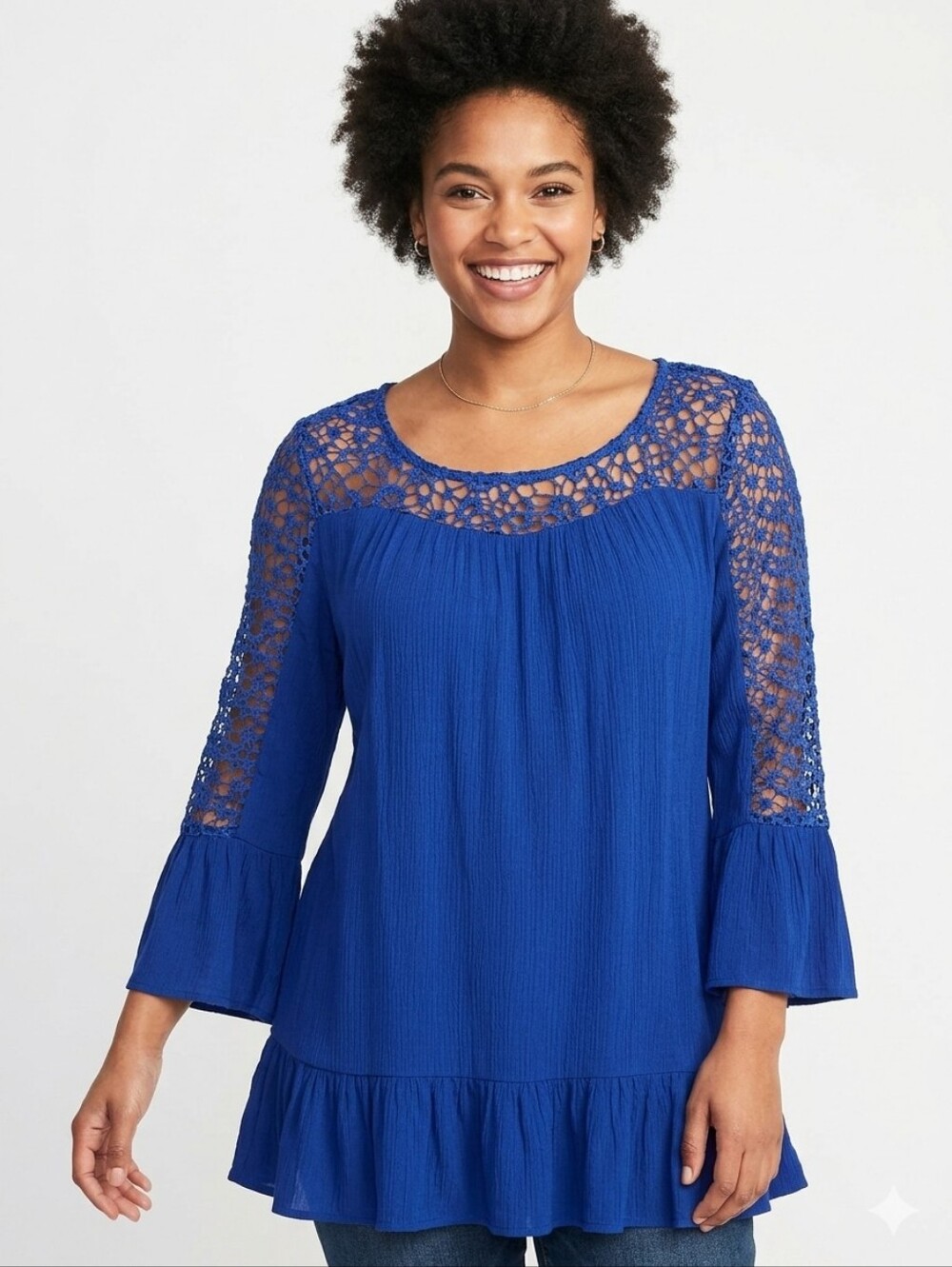Tantrums Royal Blue Crochet-Yoke Tunic Top